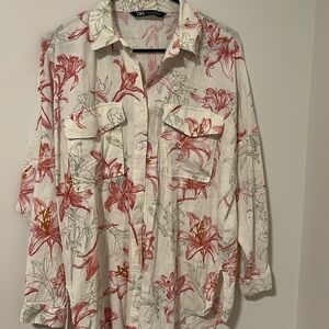 Zara 15% Linen Flower Floral Button Down Long Sleeve Shirt Size Small